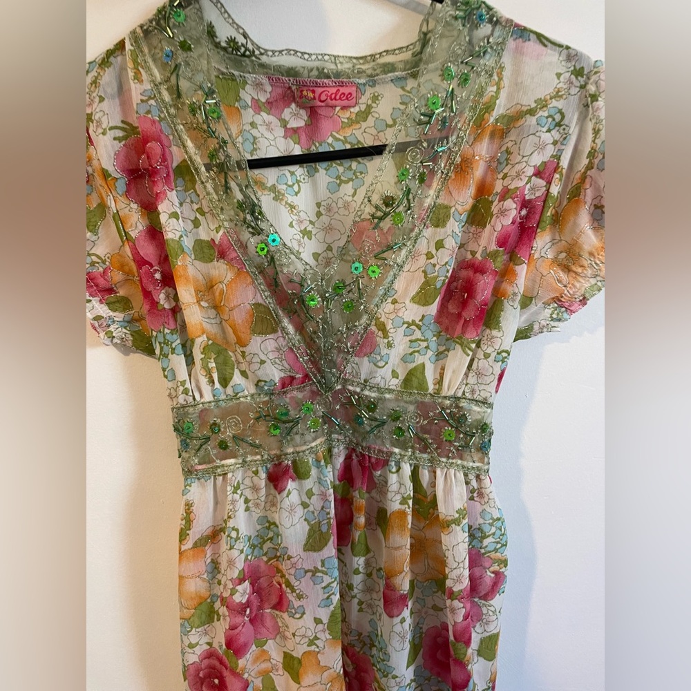 Fairy Floral Embroidered V-Neck blouse— Pink & Yellow Blooms